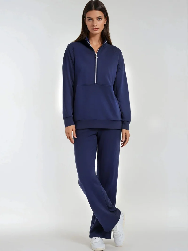 Hiccup Navy Blue Modal Touch Two-Piece Wide Leg Set with Zipper Collar Bersan Collection for Women | Best Price UAE